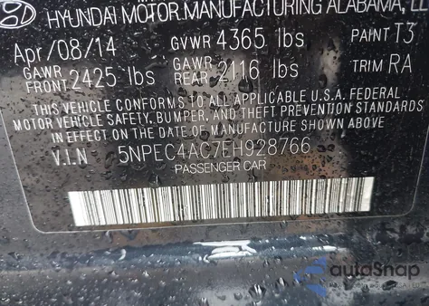 2014 Hyundai Sonata Se из США, поврежденный, VIN 5NPEC4AC7EH928766